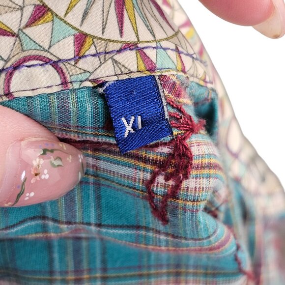 George Roth Floral Embroidered Blue Plaid Button Up Sz XL - Picture 10 of 11